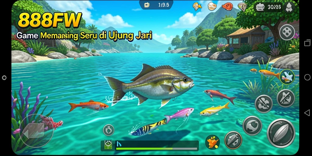 Tampilan gameplay <strong>888FW</strong> saat menangkap ikan di lautan yang biru.