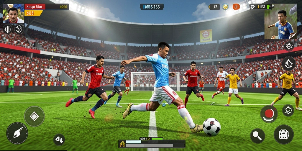 Tampilan gameplay seru di lapangan sepak bola.
