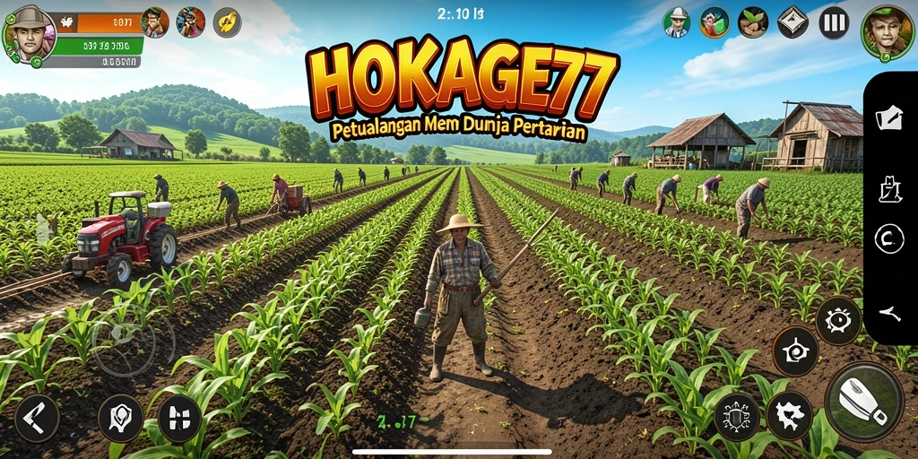 Tampilan gameplay HOKAGE77 dengan pertanian yang indah dan aktif.