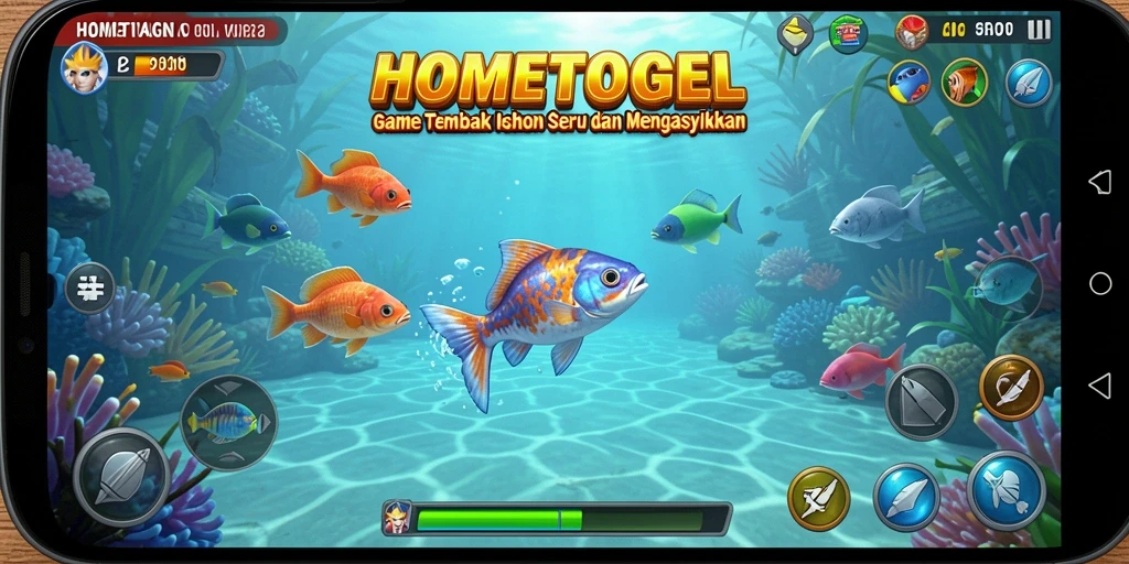 Tampilan gameplay HOMETOGEL dengan penembakan ikan yang seru.