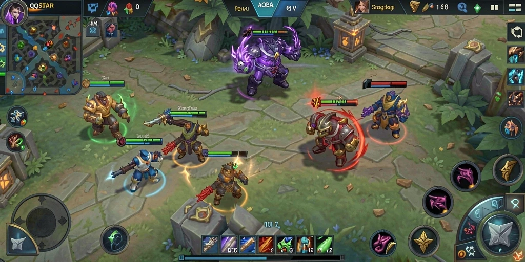 Tampilan gameplay seru dalam QQSTAR dengan strategi tim yang hebat.