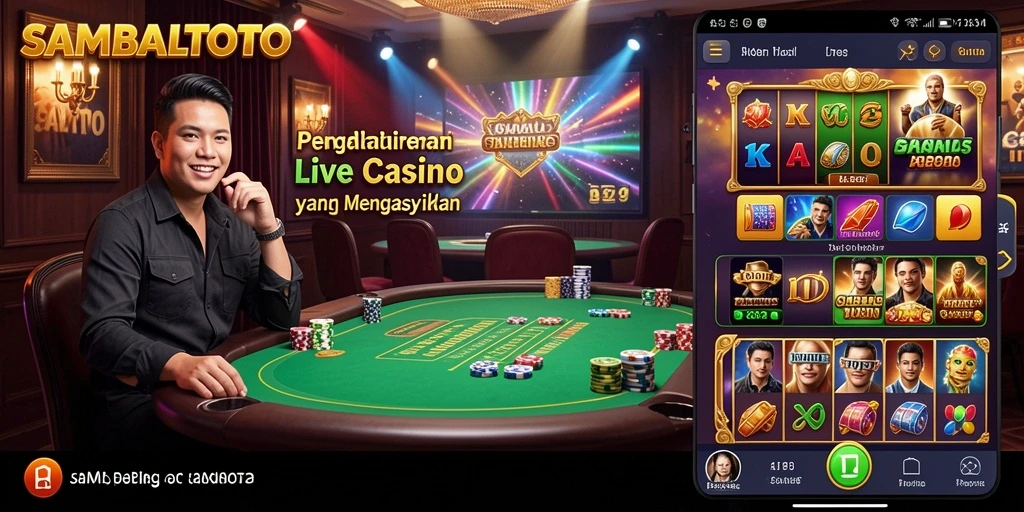 Screenshot dari gameplay Live Casino yang menampilkan dealer dan pemain berinteraksi.