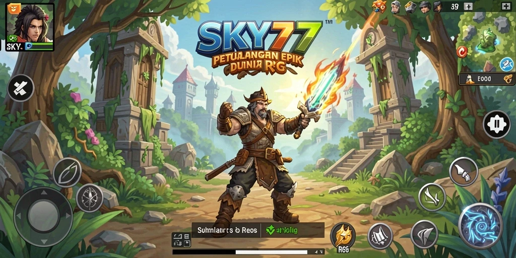 Tangkapan layar gameplay SKY77 menampilkan pertempuran epik dan eksplorasi dunia RPG.